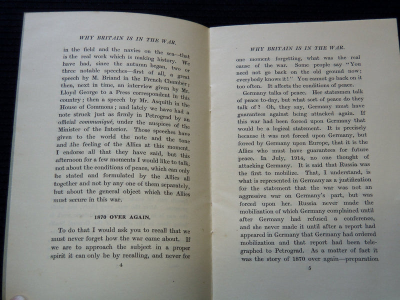 1916 WHY BRITAIN IS IN THE WAR A SPEECH BY HON. VISCOUNT GREY - BOOK - J 7225