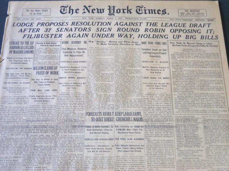 1919 MARCH 4 NEW YORK TIMES - LODGE PROPOSES RESOLUTION AGAINST LEAGUE - NT 6214