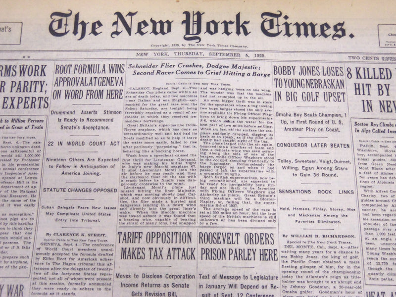 1929 SEPT 5 NEW YORK TIMES - BOBBY JONES LOSES TO YOUNG NEBRASKA - NT 5275