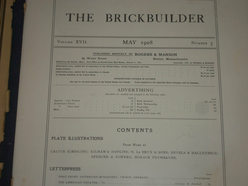 1908 MAY THE BRICKBUILDER MAGAZINE - AN ARCHITECTURAL MONTHLY - ST 258F