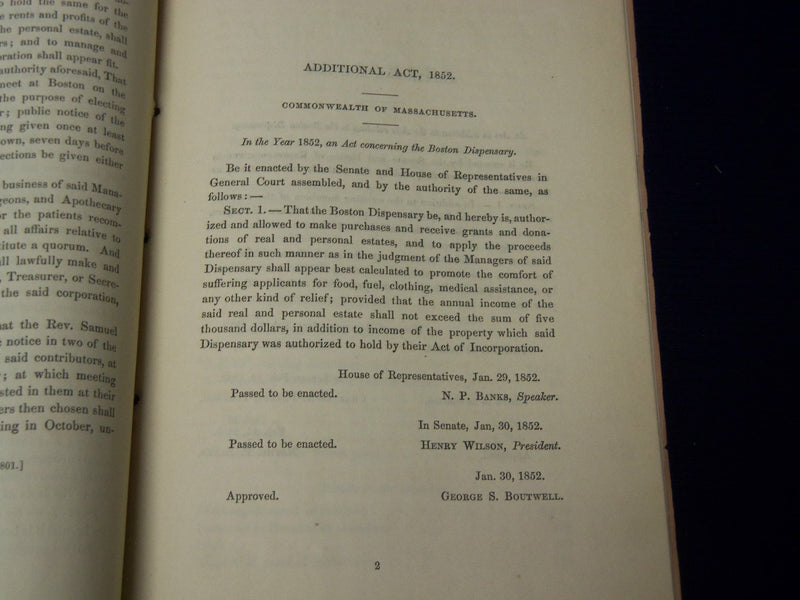 1860 BY-LAWS OF BOSTON DISPENSARY STATEMENT OF OPERATIONS - SOFTCOVER - J 4579