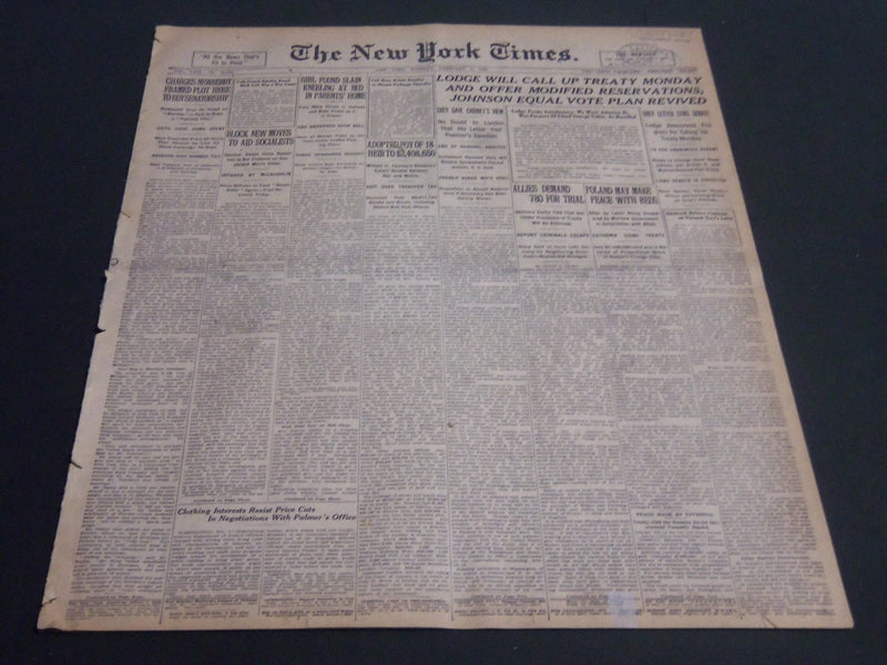 1920 FEBRUARY 3 NEW YORK TIMES - LODGE WIL CALL UP TREATY MONDAY - NT 6788