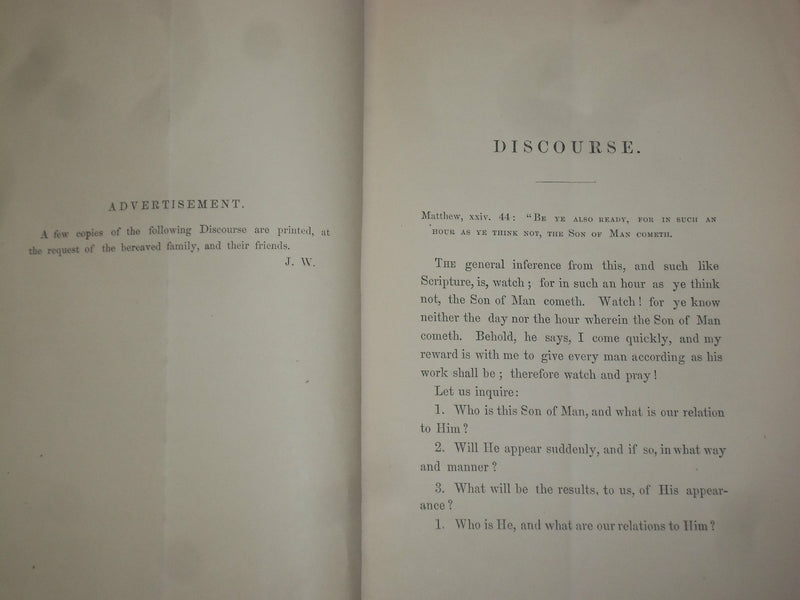 1859 DISCOURSE AT THE FUNERAL OF THE HON. JOHN SMITH WHEELER - VERMONT - J 4697
