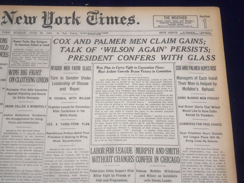 1920 JUNE 20 NEW YORK TIMES - COX AND PALMER MEN CLAIM GAINS - NT 9126