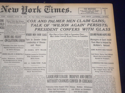 1920 JUNE 20 NEW YORK TIMES - COX AND PALMER MEN CLAIM GAINS - NT 9126