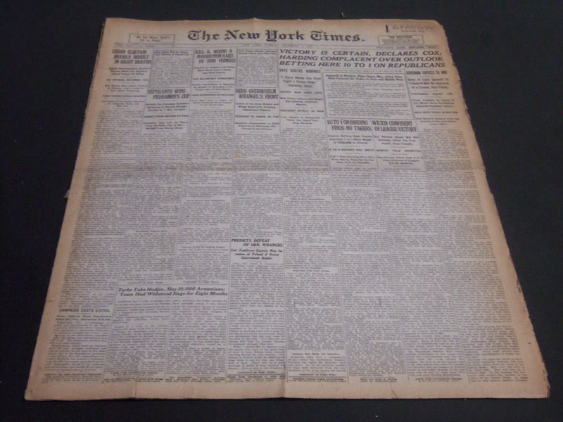 1920 NOVEMBER 2 NEW YORK TIMES - VICTORY IS CERTAIN DECLARES COX - NT 6794