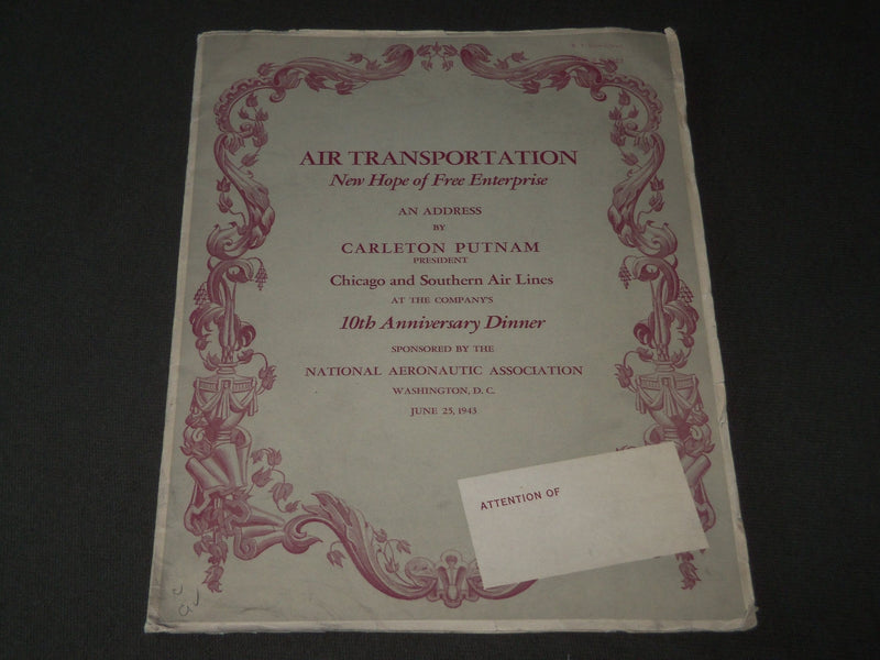 1943 JUNE 25 CHICAGO & SOUTHERN AIR LINES 10TH ANNIV. DINNER PROGRAM - J 3287