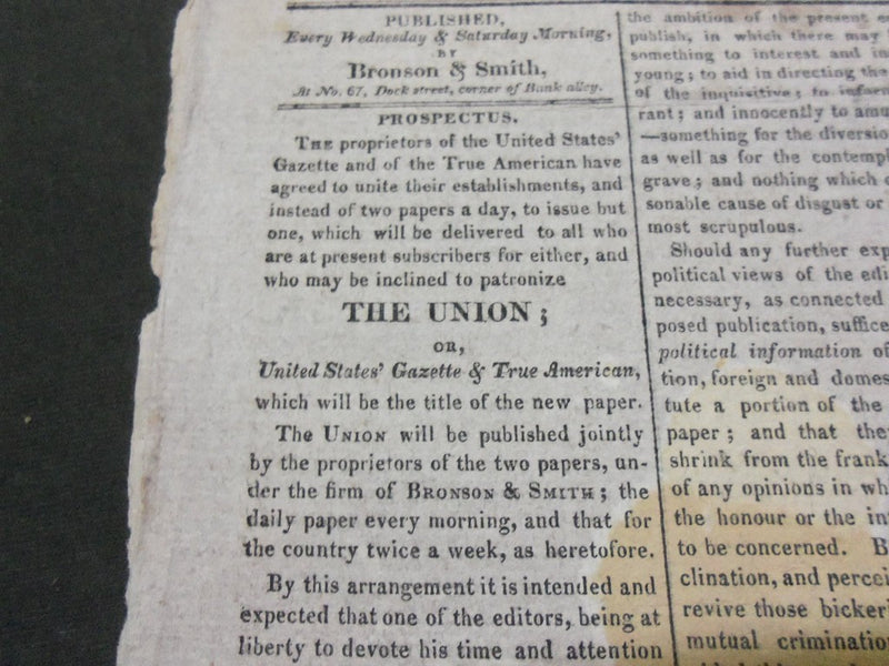 1818 THE UNION U.S. GAZETTE & TRUE AMERICAN NEWSPAPER LOT OF 8 DIFF - NP 1475
