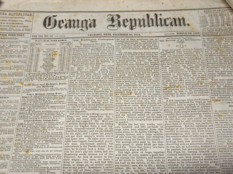1874 DECEMBER 30 GEAUGA REPUBLICAN NEWSPAPER - CHARDON OHIO - NP 3879J