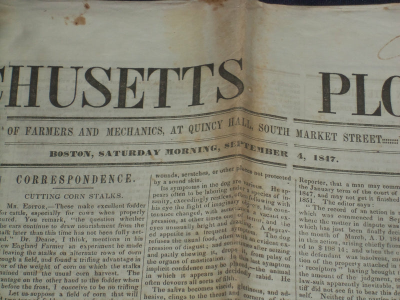 1847 SEPTEMBER 4 MASSACHUSETTS PLOUGHMAN NEWSPAPER -ETHERAL INHALATION - NP 5149