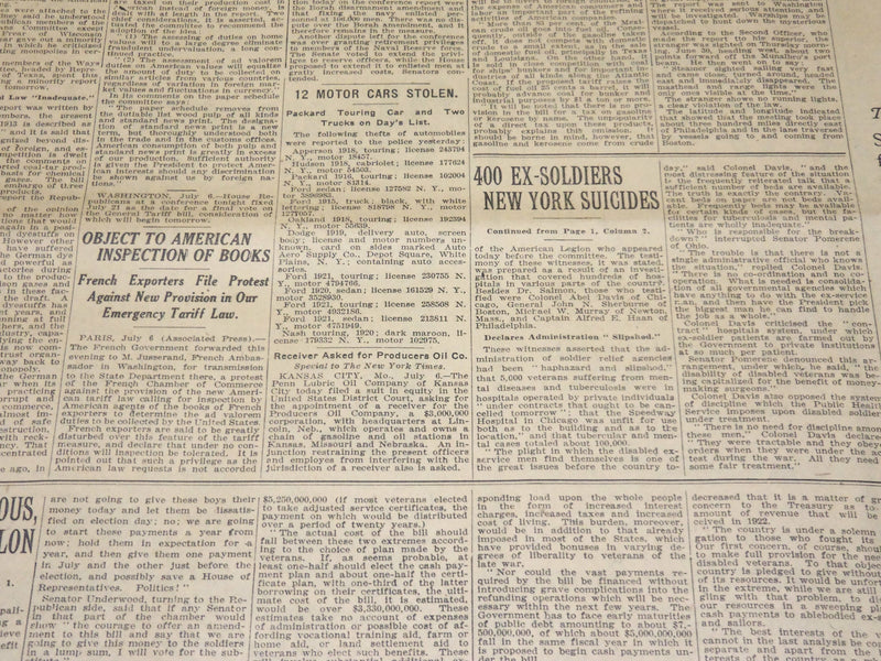 1921 JULY 7 NEW YORK TIMES NEWSPAPER- 400 EX-SOLDIERS NEW YORK SUICIDES- NT 8696