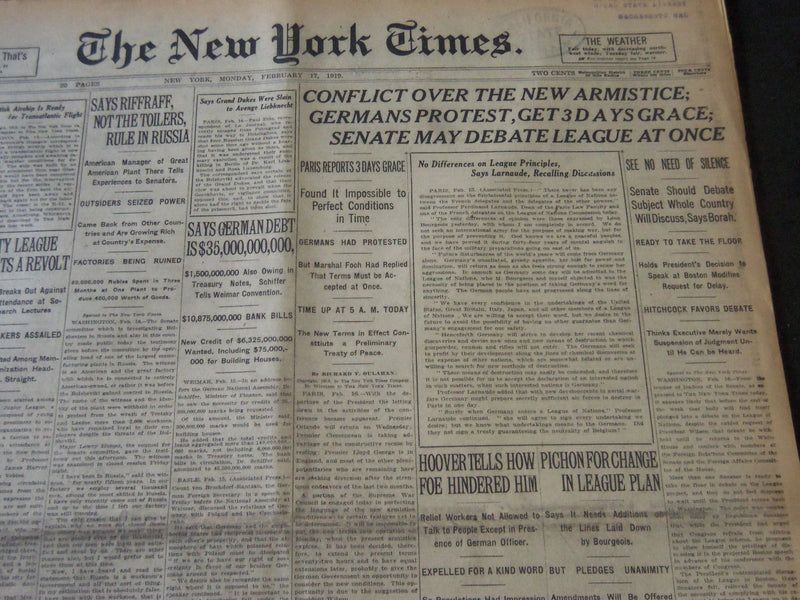 1919 FEBRUARY 17 NEW YORK TIMES - CONFLICT OVER THE NEW ARMISTICE - NT 6411