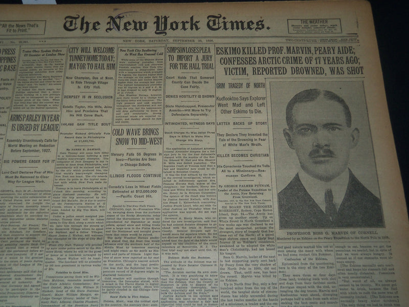 1926 SEPT 25 NEW YORK TIMES - ESKIMO KILLED PROF. MARVIN CONFESSES - NT 7564
