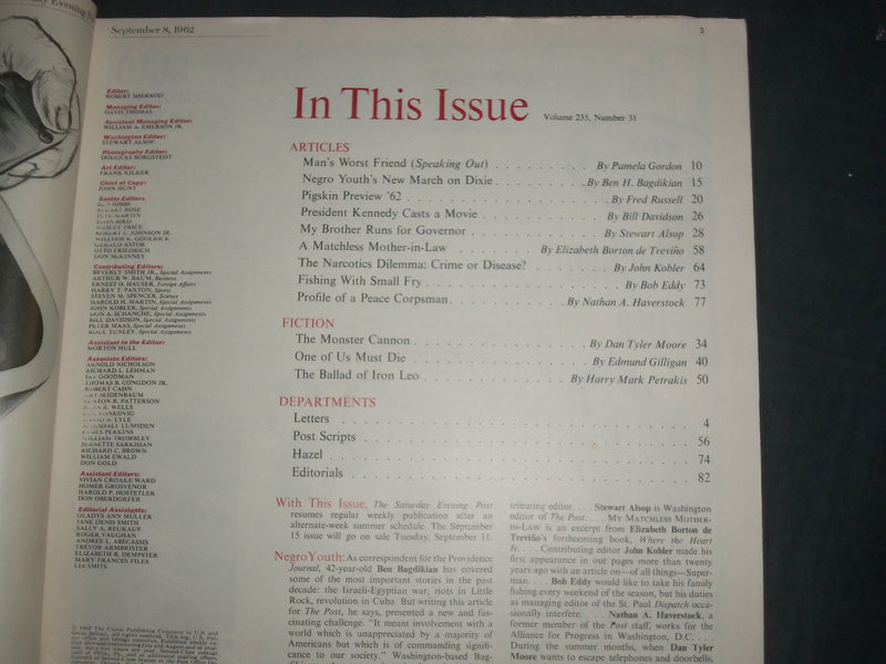 1962 SEPTEMBER 2 THE SATURDAY EVENING POST MAGAZINE- ILLUSTRATED COVER- SP 2482H