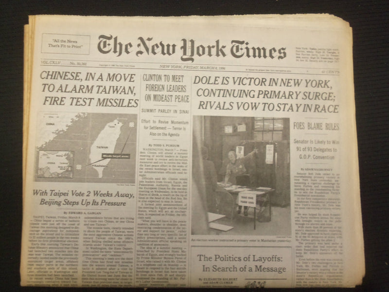 1996 MARCH 8 NEW YORK TIMES NEWSPAPER - DOLE IS VICTOR IN NEW YORK - NP 7021