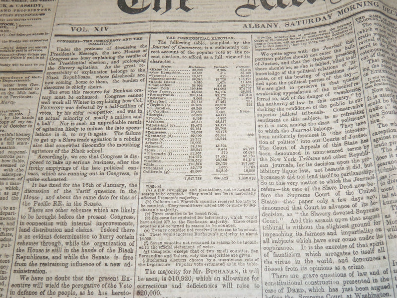 1856 DEC 27 THE ATLAS & ARGUS NEWSPAPER -PRESIDENTIAL ELECTION RESULTS- NP 3877C