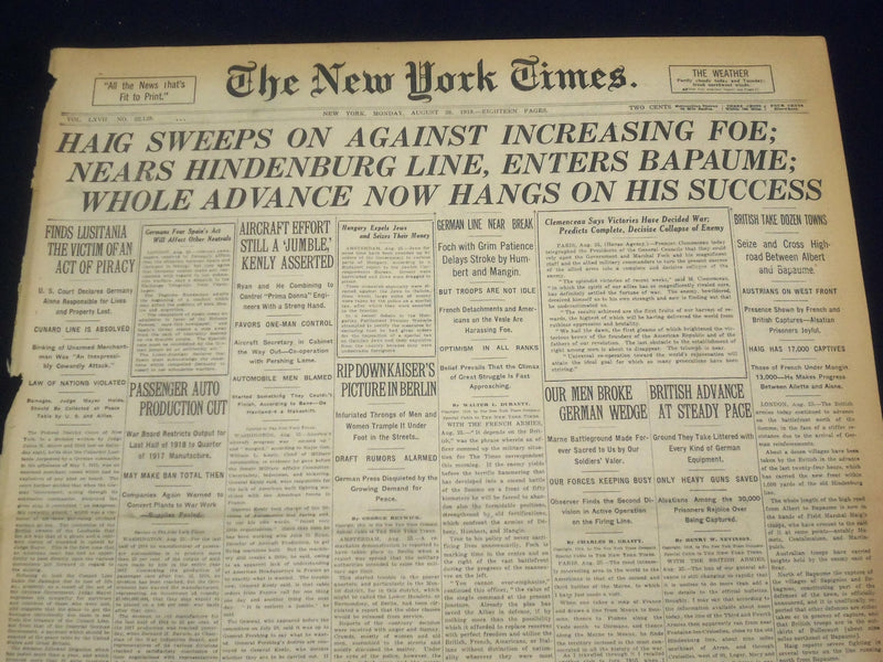 1918 AUGUST 26 NEW YORK TIMES - HAIG NEARS HINDENBURG LINE - NT 9200