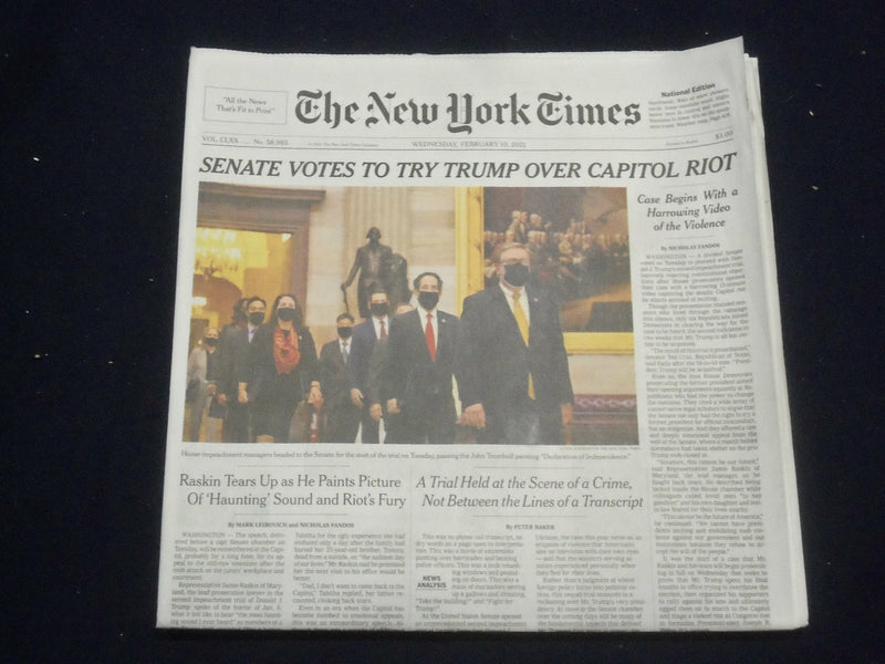 2021 FEBRUARY 10 NEW YORK TIMES - SENATE VOTES TO TRY TRUMP OVER CAPITOL RIOT