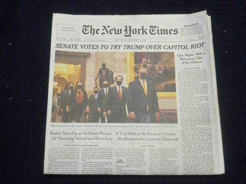 2021 FEBRUARY 10 NEW YORK TIMES - SENATE VOTES TO TRY TRUMP OVER CAPITOL RIOT