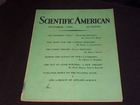 1931 OCTOBER SCIENTIFIC AMERICAN MAGAZINE - SWIMMING POOLS COVER - E 6389