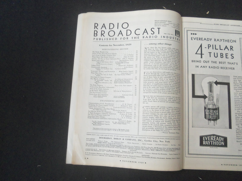 1929 NOVEMBER RADIO BROADCAST MAGAZINE - NICE COVER, ARTICLES & PHOTOS - B 434W