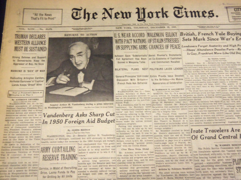 1949 DECEMBER 22 NEW YORK TIMES - VANDENBERG BACK IN SENATE - NT 3655