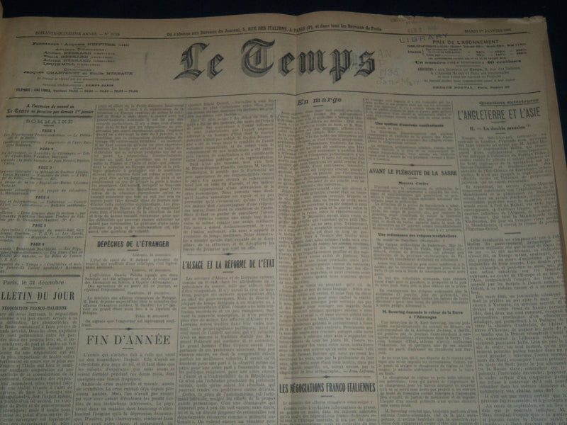 1935 JANUARY-MARCH LE TEMPS FRENCH NEWSPAPER BOUND VOLUME - VB 2