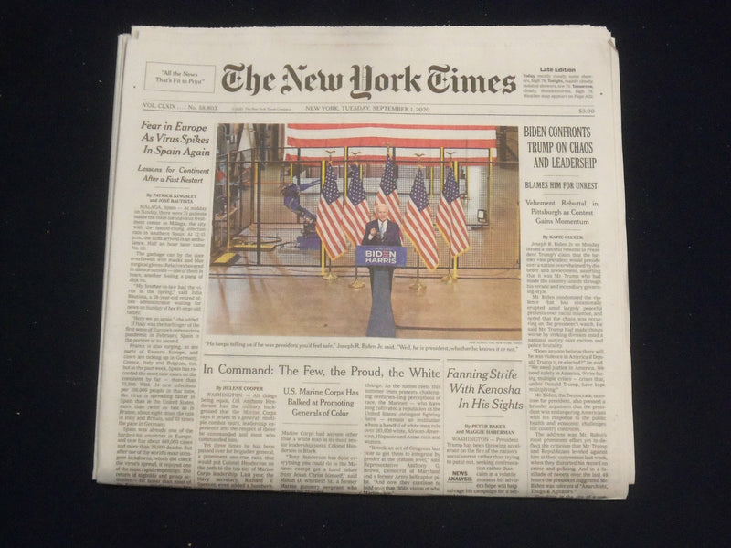 2020 SEPTEMBER 1 NEW YORK TIMES - BIDEN CONFRONTS TRUMP ON CHAOS AND LEADERSHIP