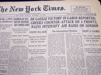 1940 NOV 11 NEW YORK TIMES DE GAULLE VICTORY IN GABON, CHAMBERLAIN DIES - NT 197