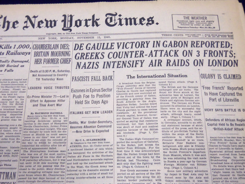 1940 NOV 11 NEW YORK TIMES DE GAULLE VICTORY IN GABON, CHAMBERLAIN DIES - NT 197
