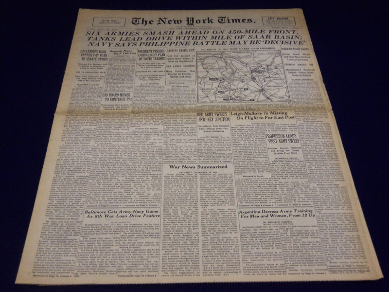 1944 NOV 18 NEW YORK TIMES - TANKS DRIVE WITHIN MILE OF SAAR BASIN - NT 2602