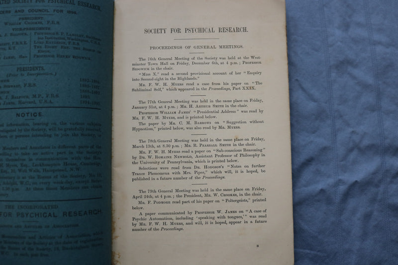 1896 JUNE SOCIETY FOR PHYSICAL RESEARCH PROCEEDINGS - SOFTCOVER BOOK - K 3193