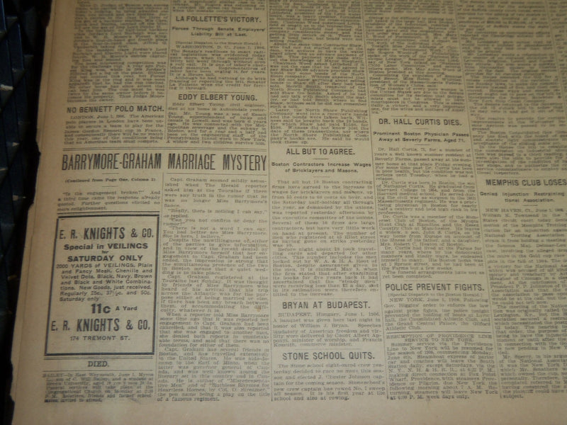 1906 JUNE 2 THE BOSTON HERALD - BARRYMORE - GRAHAM - MARRIAGE MYSTERY - BH 291