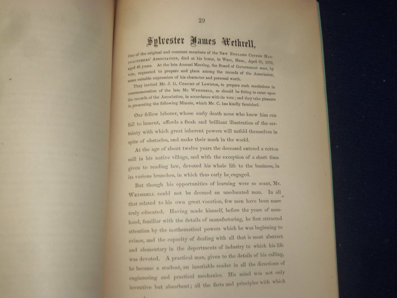 1870 N.E. COTTON MANUFACTURES' ASSOC. ANNUAL PROCEEDINGS REPORT - BOSTON -J 4361