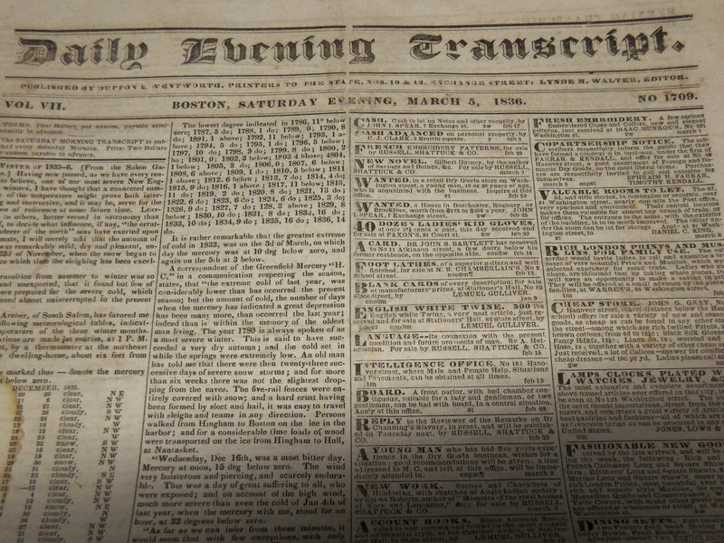 1835-1836 DAILY EVENING TRANSCRIPT NEWSPAPER LOT OF 2 - BOSTON - K 76