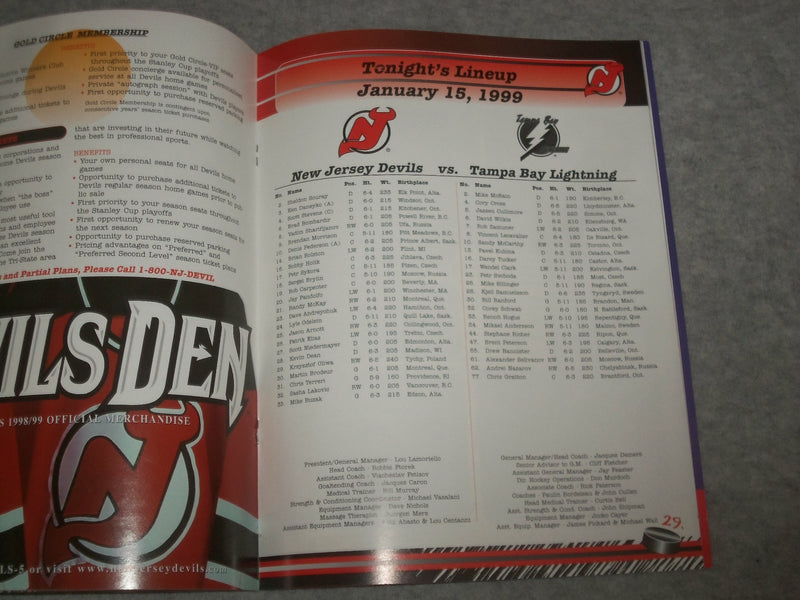 1999 JANUARY 15 CENTER ICE MAGAZINE - NJ DEVILS VS. TAMPA BAY LIGHTNING -ST 6863