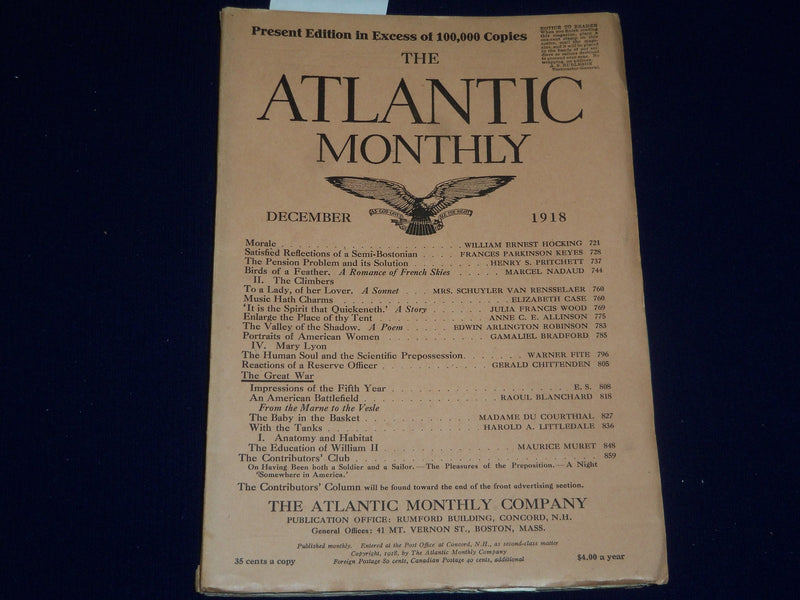 1918 DECEMBER THE ATLANTIC MONTHLY MAGAZINE - MAXFIELD PARRISH ILLUS. - ST 5497