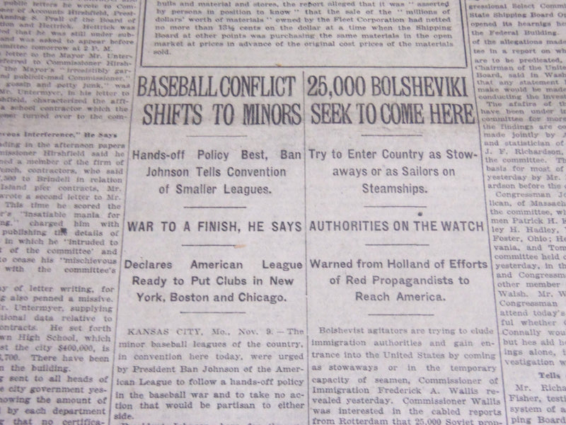 1920 NOVEMBER 10 NEW YORK TIMES - BASEBALL CONFLICT SHIFTS TO MINORS - NT 6729