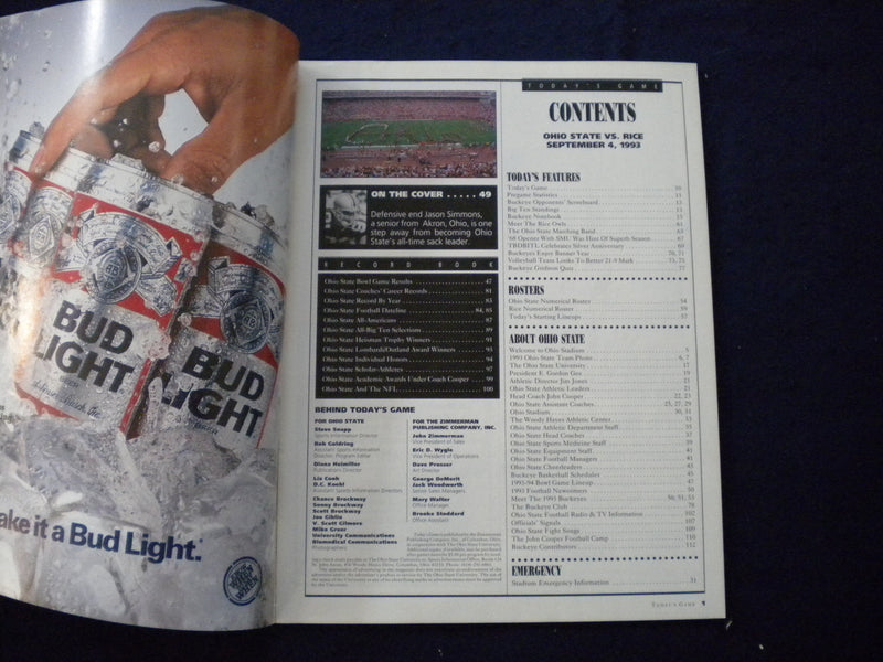 1993 SEPTEMBER 4 FOOTBALL PROGRAM - OHIO STATE UNIV VS RICE UNIV - SP 3625A