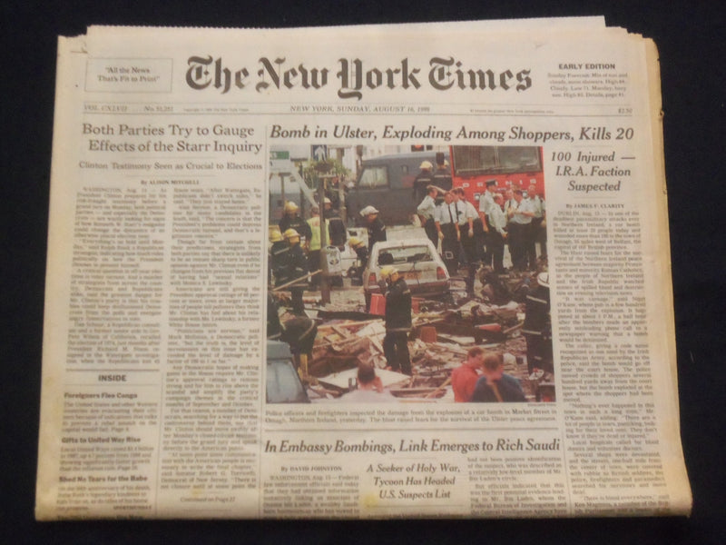 1998 AUG 16 NEW YORK TIMES NEWSPAPER -EXPLODING BOMB IN ULSTER KILLS 20- NP 7136