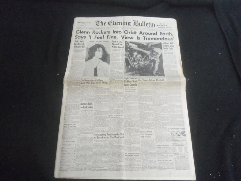 1962 FEB 20 THE EVENING BULLETIN NEWSPAPER - JOHN GLENN ORBITS EARTH - NP 5771