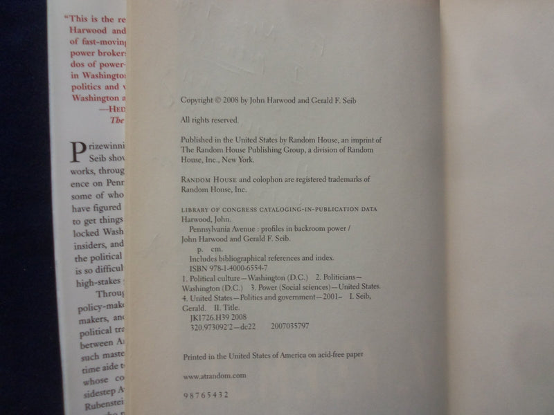 2008 PENNSYLVANIA AVENUE HARDCOVER BOOK - INSCRIBED BY JOHN HARWOOD - KD 8531