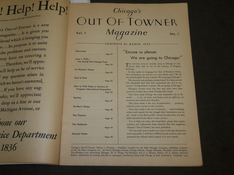 1933 MARCH CHICAGO'S OUT OF TOWNER MAGAZINE VOLUME 1 NO. 1 - J 3522