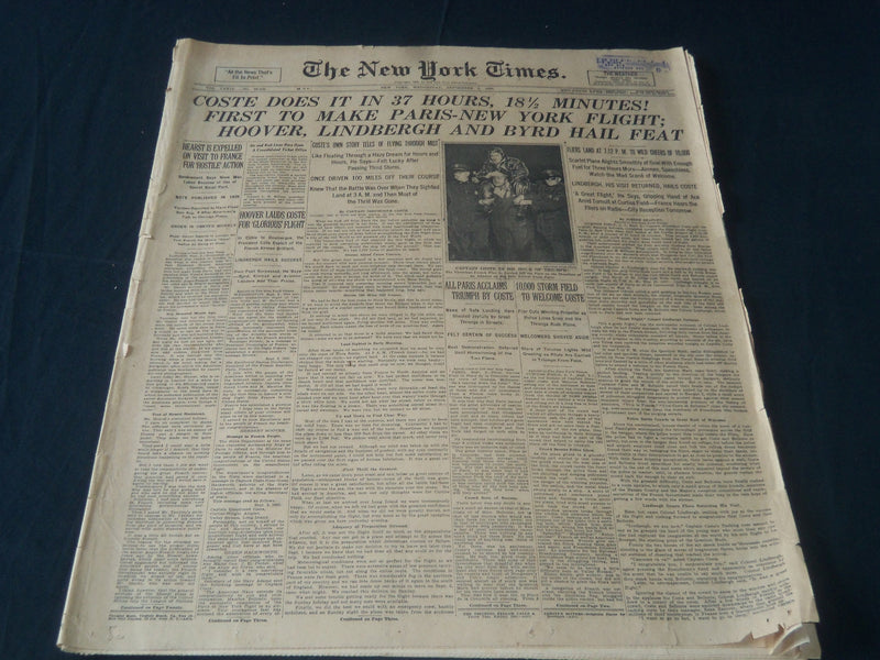 1930 SEPTEMBER 3 NEW YORK TIMES NEWSPAPER - COSTE DOES IT IN 37 HOURS - NT 7224