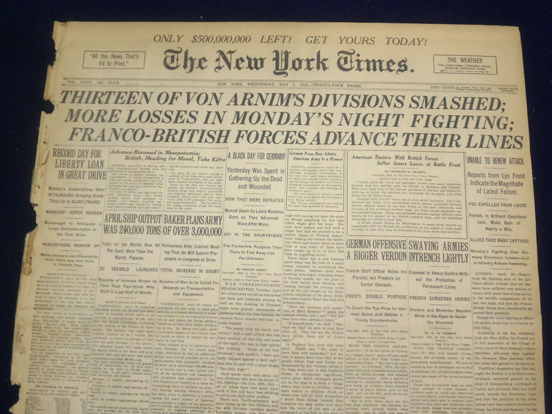 1918 MAY 1 NEW YORK TIMES - ARNIM'S DIVISIONS SMASHED - NT 8168