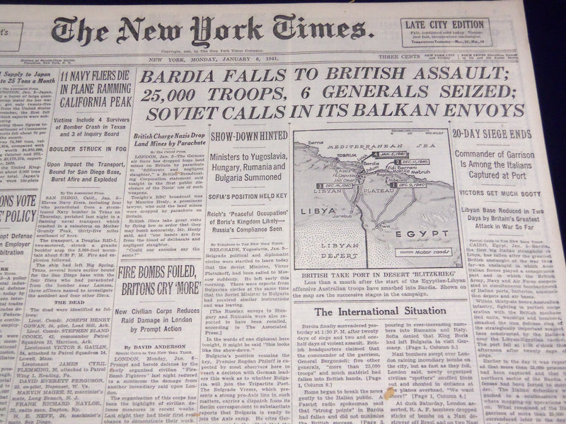 1941 JAN 6 NEW YORK TIMES - RAG EDN - BARDIA FALLS TO BRITISH ASSAULT - NT 1441