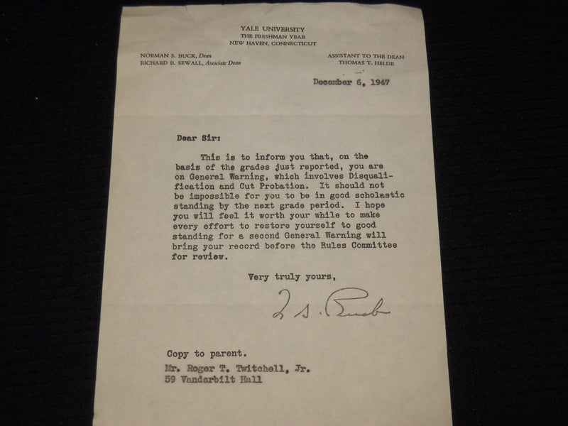 194-1948 YALE UNIVERSITY STUDENT GRADE REPORTS & LETTER - 4 REPORTS - K 572