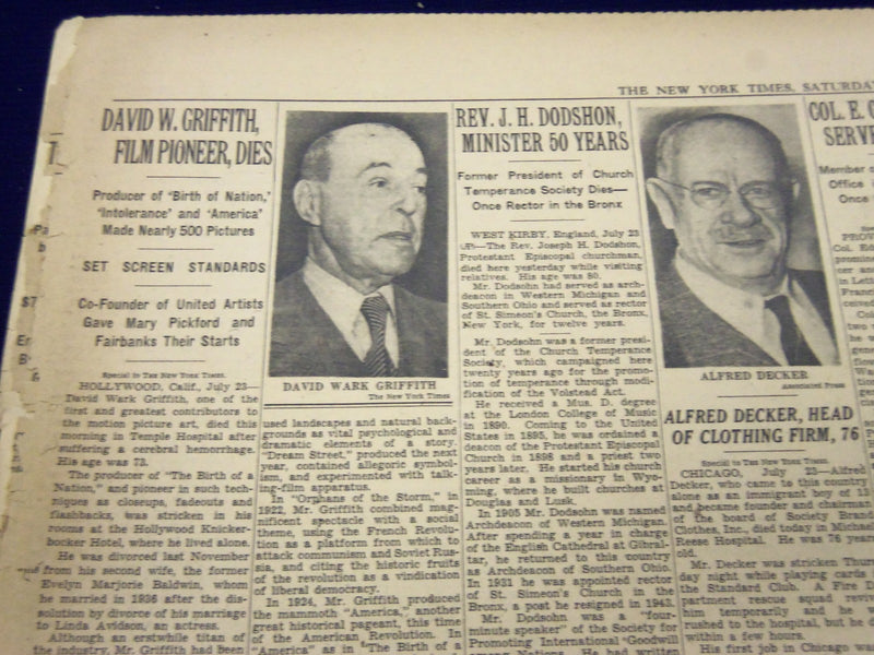 1948 JULY 24 NEW YORK TIMES - D. W. GRIFFITH FILM PIONEER DIES - NT 132