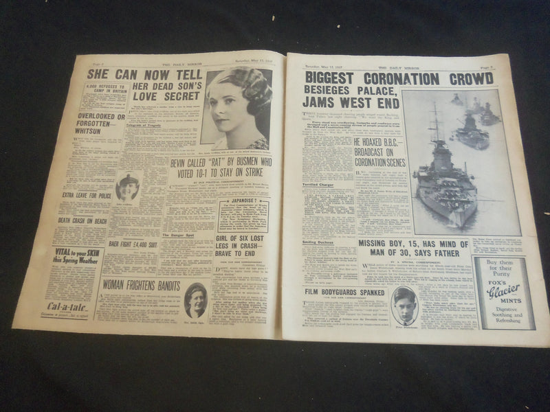 1937 MAY 15 DAILY MIRROR NEWSPAPER - LONDON -KING GEORGE VI & HIS QUEEN- NP 5753