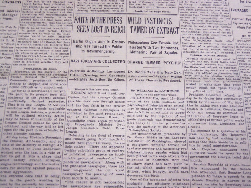 1935 APRIL 20 NEW YORK TIMES - FAITH IN PRESS LOST IN REICH - NT 3805